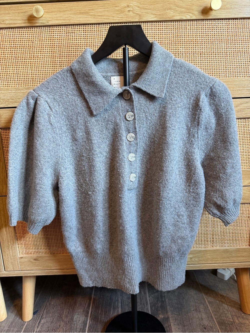 a new day Heather Gray Short Puff Sleeve Collared Knit Top
